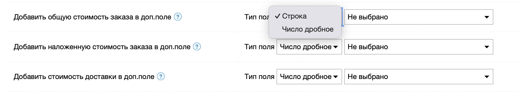 Выбор типа доп. поля для числовых значения